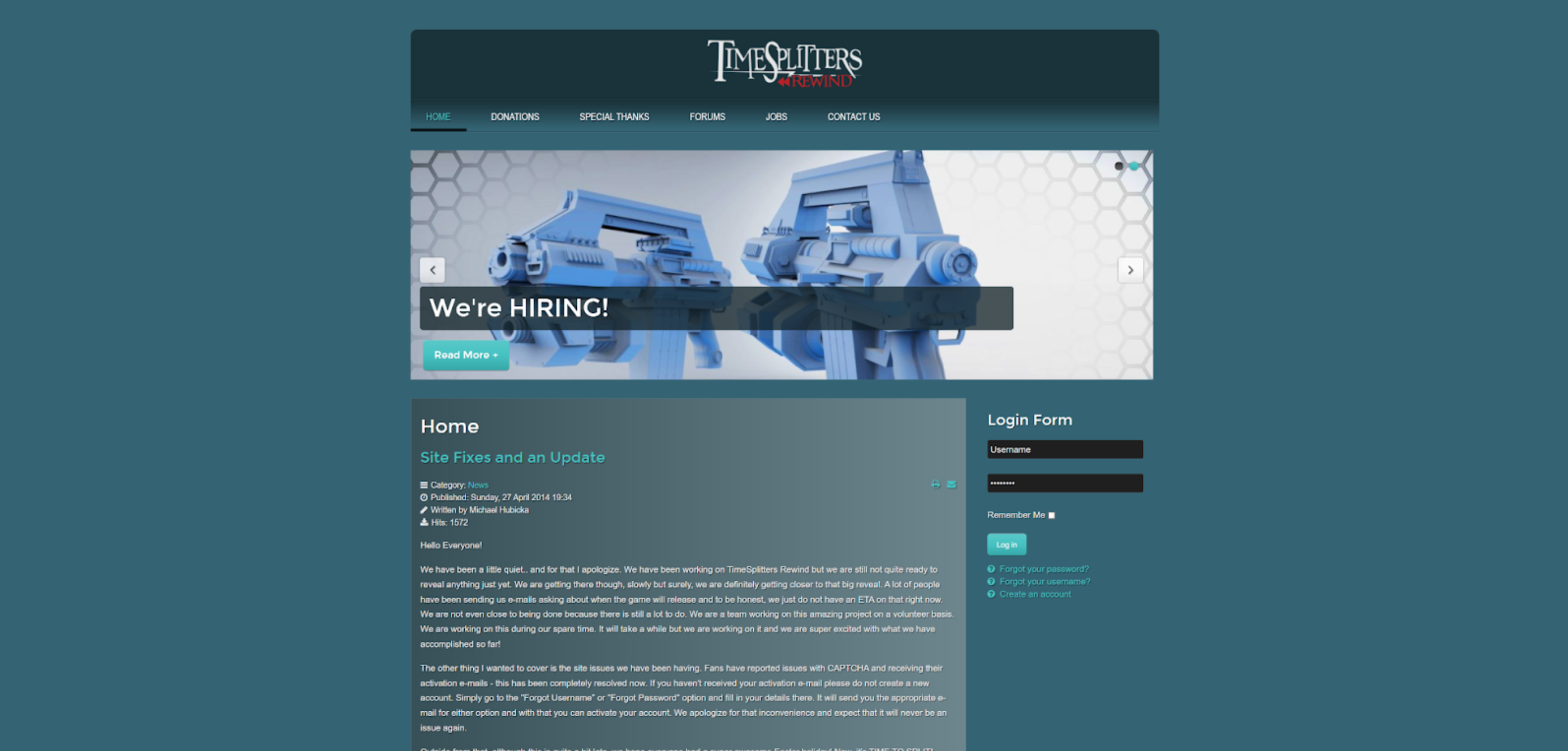 TimeSplitters Rewind website from 2013 with forums and job postings