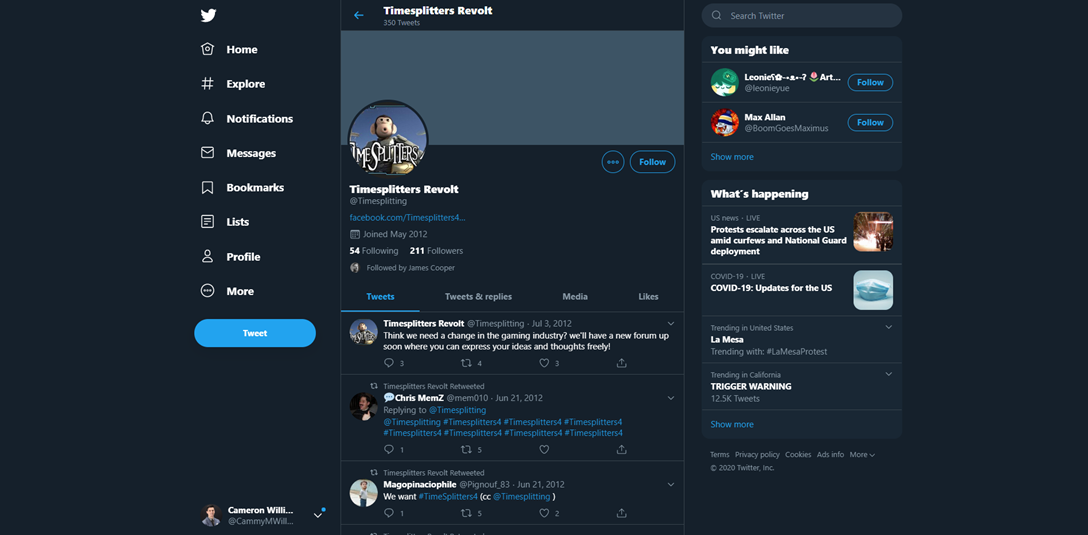 TimeSplitters Revolt Twitter account from 2012