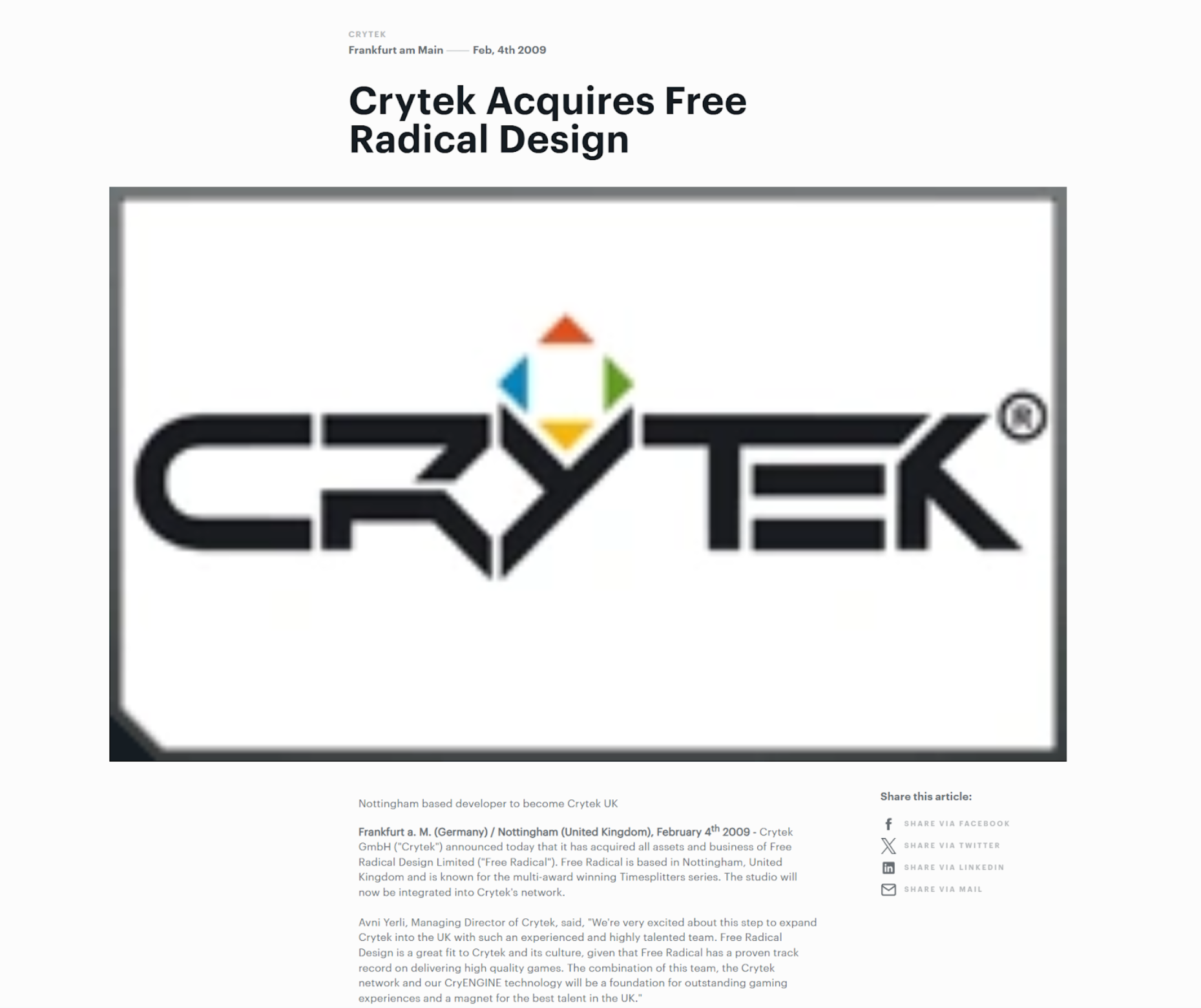 Crytek press release announcing acquisition of Free Radical Design in 2009