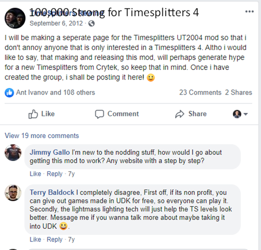 Facebook discussion about TimeSplitters UT2004 mod